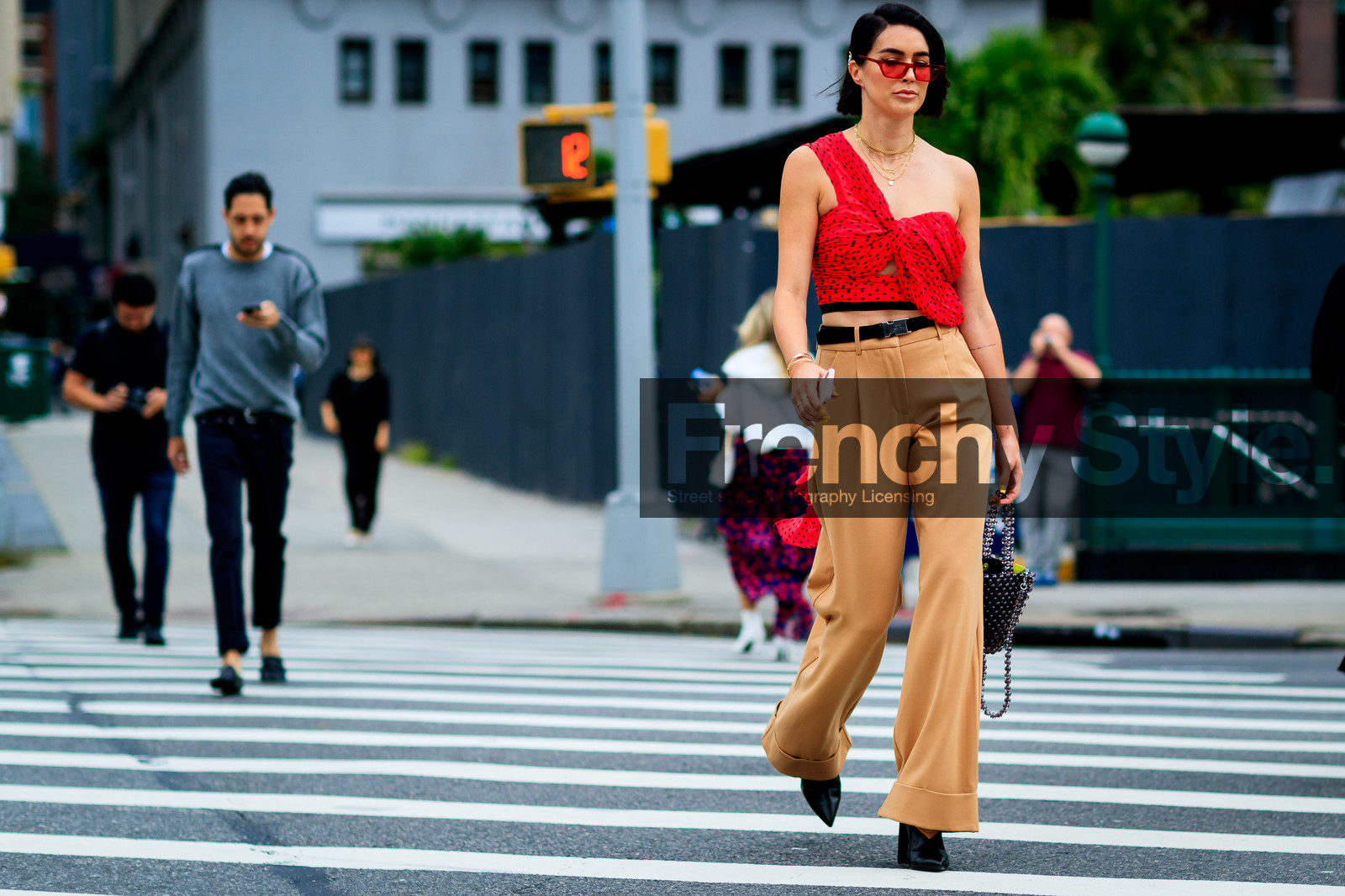 asymetric, beige pants, black bag, black belt, black shoes, bracelet, brittany xavier, crop top, graphic top, high heels, leather bag, leather shoes, necklace, polka dot, printed top, red top, sunglasses, tattoos, trousers, fashion week, frenchystyle, FW, jonathan paciullo, street style, NYFW, NEW YORK, SPRING SUMMER 2019, SS 19, atmosphere details, horizontal, full length
