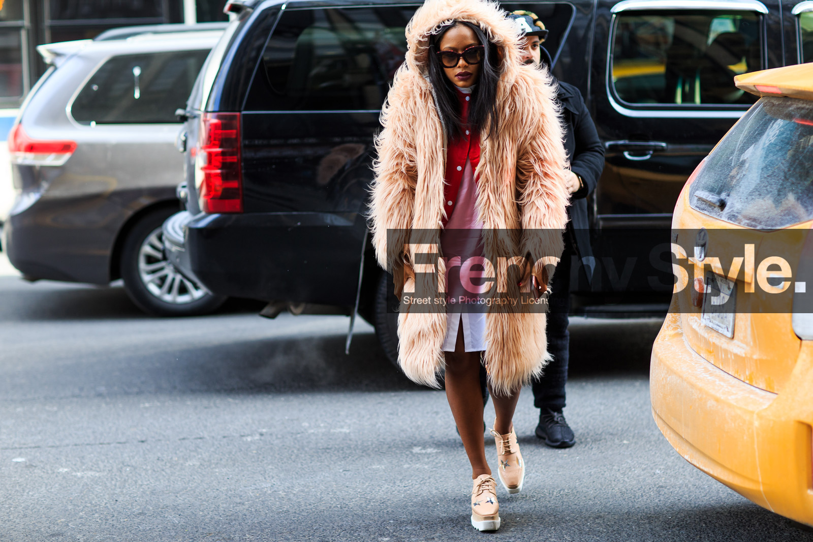 atmosphere details, AUTUMN WINTER 2016-2017, AW 16-17, beige fur, beige wedges, FALL WINTER 2016-2017, fashion week, frenchystyle, full length, fur coat, FW, FW 16-17, hood, horizontal, jonathan paciullo, NEW YORK, nude heels, NYFW, pink fur, pink top, red sweater, stars, stella mccartney, street style, sunglasses, white skirt, woman