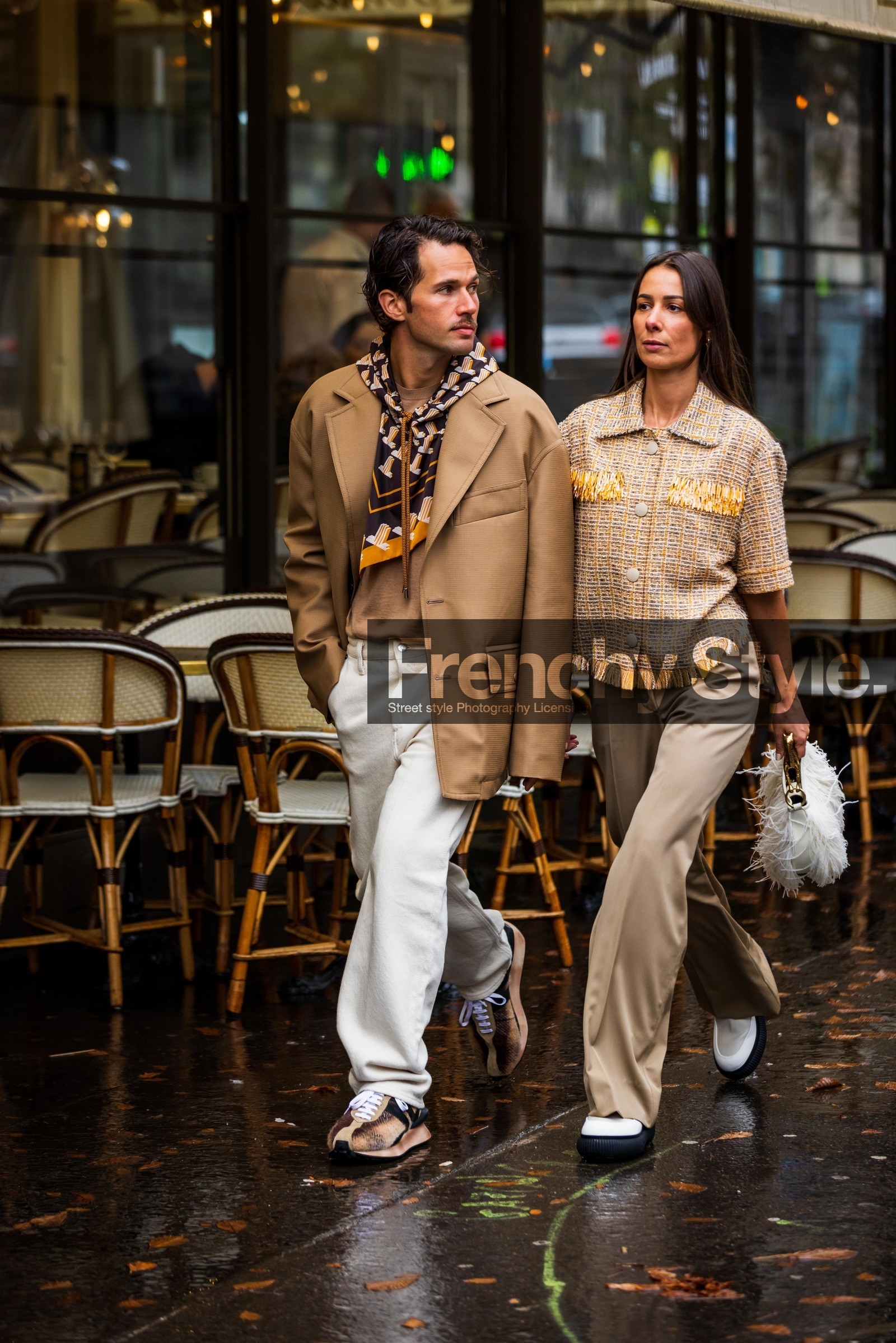 beige blazer, beige sneakers, blazer, brown scarf, denim, Jean Sebastien Roques, lanvin look, large pants, menswear, orange scarf, pants, print, printed scarf, scarf, sneakers, white denim, white pants, fashion week, frenchystyle, FW, jonathan paciullo, street style, PFW, PARIS, SPRING SUMMER 2022, SS 22, vertical, full length