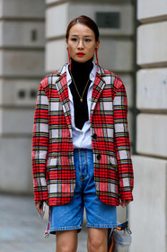 black sweater, blue denim, checked, denim shorts, earrings, graphic jacket, leather bag, necklace, palm angels, plaid, printed jacket, red jacket, tartan, turtleneck sweater, white shirt, street style, jonathan paciullo, FW, frenchystyle, fashion week, LFW, LONDON, AUTUMN WINTER 2019-2020, AW 19-20, FW 19-20, FALL WINTER 2019-2020, vertical, atmosphere details, detail