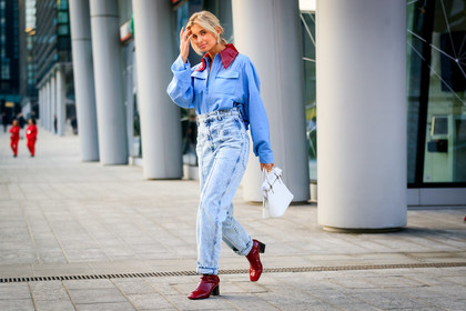 blue denim, blue shirt, bordeaux, burgundy, denim pants, earrings, high heels, jeans, leather bag, leather shoes, maison martin margiela, red boots, trousers, white bag, xenia adonts, fashion week, frenchystyle, FW, jonathan paciullo, street style, MFW, MILAN, AUTUMN WINTER 2019-2020, AW 19-20, FALL WINTER 2019-2020, FW 19-20, atmosphere details, full length, horizontal