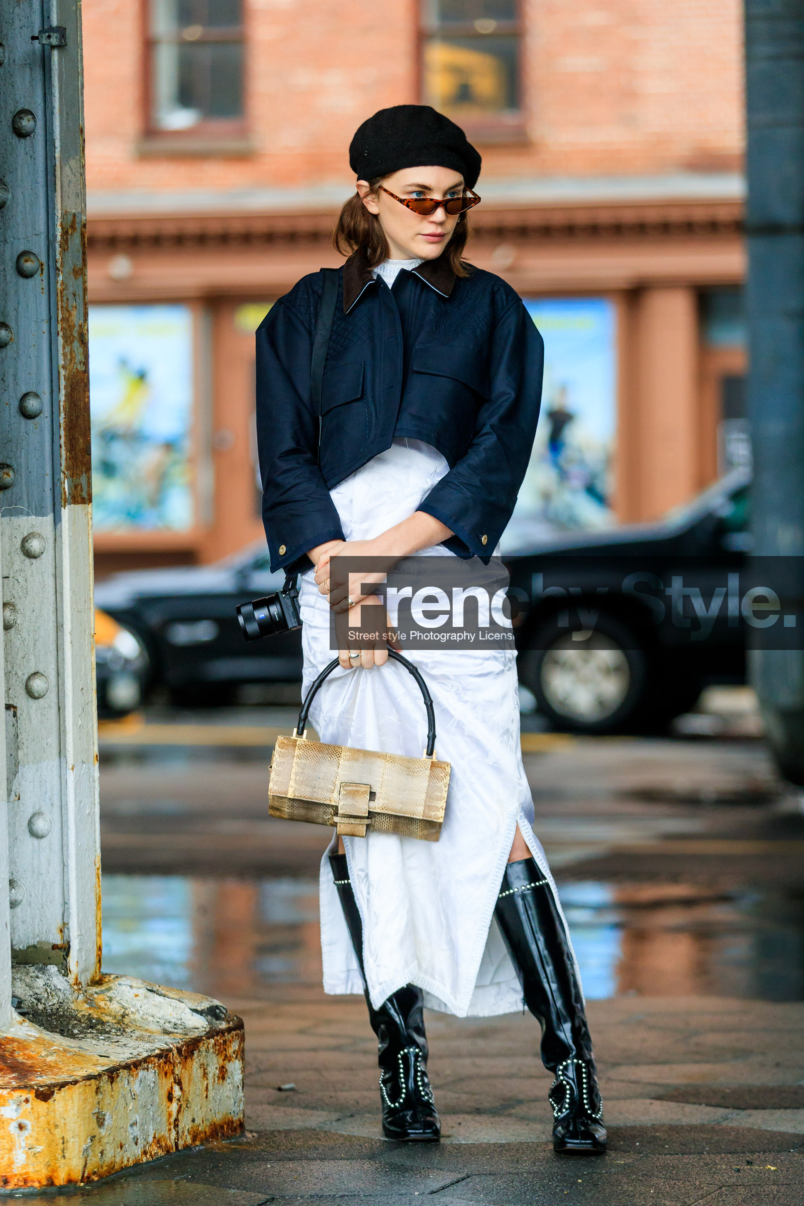 beige bag, beret, black hat, black shoes, blue jacket, graphic bag, high boots, high heels, leather bag, leather shoes, printed bag, studs, sunglasses, white dress, street style, jonathan paciullo, FW, frenchystyle, fashion week, NYFW, NEW YORK, AUTUMN WINTER 2018-2019, AW 18-19, FALL WINTER 2018-2019, FW 18-19, vertical, full length