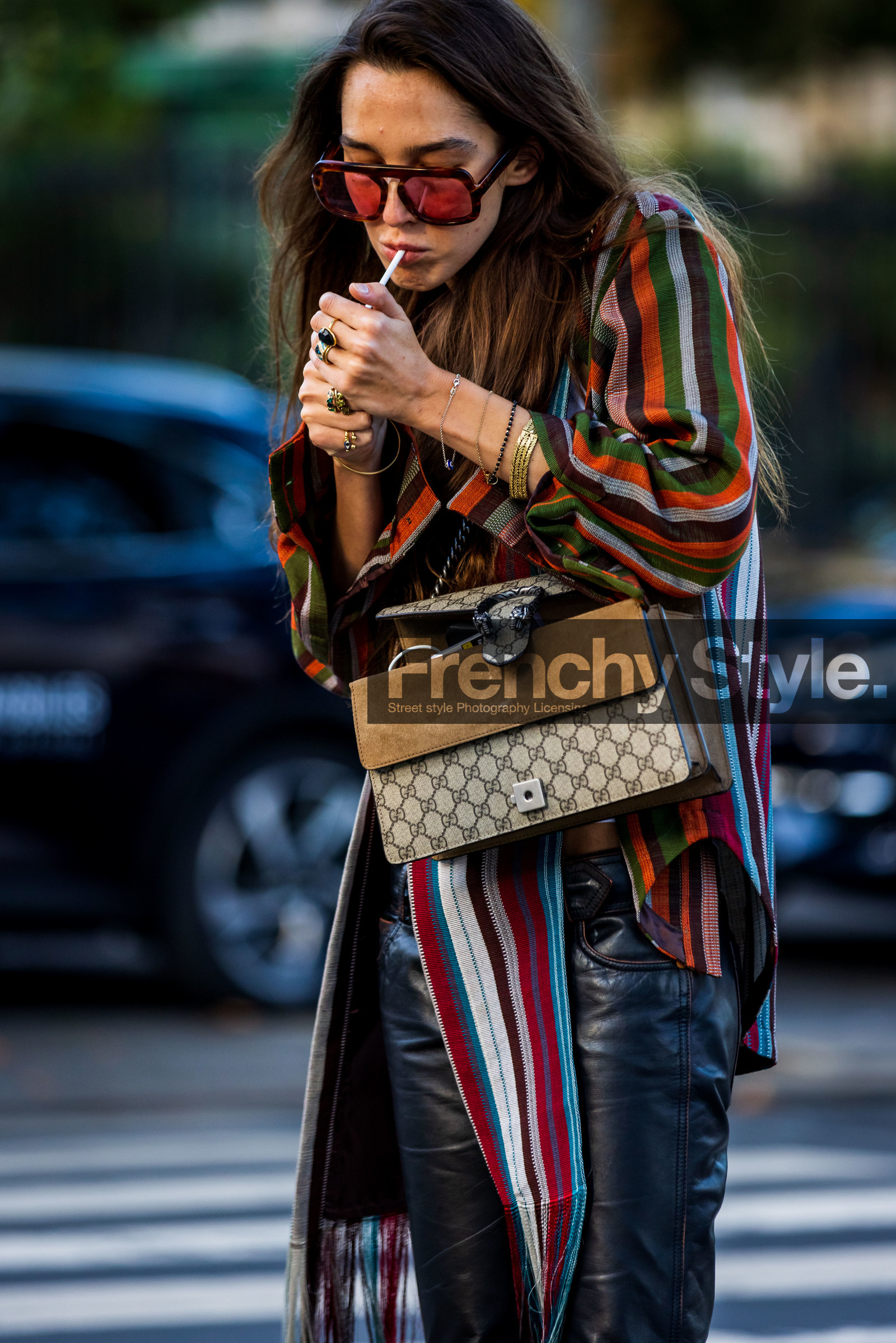 asymetrical shirt, beige bag, color, Estelle Chemouny, gucci bag, leather pants, multicolor, pants, print, printed bag, ring, shirt, striped shirt, stripes, sunglasses, tortoise sunglasses, fashion week, frenchystyle, FW, jonathan paciullo, street style, PFW, PARIS, SPRING SUMMER 2022, SS 22, vertical, atmosphere details