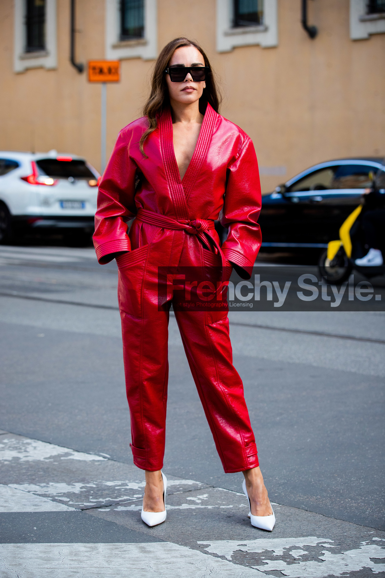 square shape glasses, red jumpsuit, polish jumpsuit, low necked jumpsuit, belted jumpsuit, philosophy jumpsuit, tol sunglasses, white leather pumps, long sleeves jumpsuit, evangelie smyrniotaki, street style, jonathan paciullo, FW, frenchystyle, fashion week, MFW, MILAN, SPRING SUMMER 2021, SS 21, vertical, full length