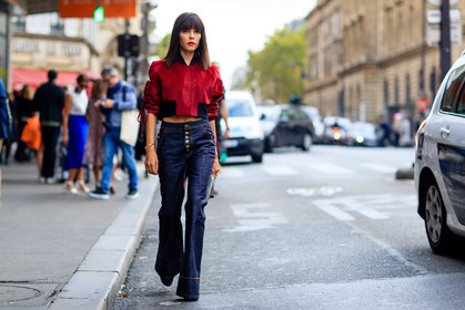 atmosphere details, blue denim, denim pants, Evangelie Smyrniotaki, fashion week, flare jean, frenchystyle, full length, FW, high waist, horizontal, jeans, jonathan paciullo, leather bag, PARIS, PFW, red jacket, SPRING SUMMER 2017, SS 17, street style, trousers, white bag