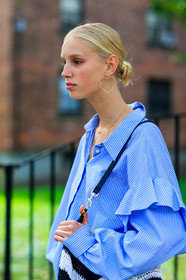 atmosphere details, blue shirt, detail, earrings, fashion week, frenchystyle, FW, graphic shirt, Jessie Bloemendaal, jonathan paciullo, men shirt, model, NEW YORK, NYFW, oversize, printed shirt, ruffles, SPRING SUMMER 2018, SS 18, street style, striped shirt, vertical