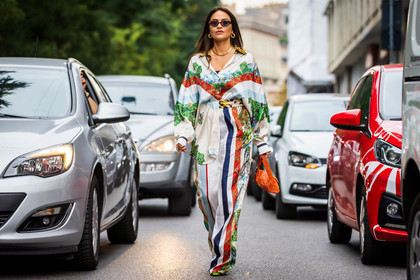 bag, color, colored pants, colored shirt, fluid pants, fluid shirt, Giulia Andrea Gaudino, green shoes, multicolor, orange bag, pants, print, printed pants, shiny bag, shirt, small bag, striped pants, stripes, sunglasses, tortoise sunglasses, white pants, white shirt, fashion week, frenchystyle, FW, jonathan paciullo, street style, SPRING SUMMER 2022, SS 22, MFW, MILAN, atmosphere details, horizontal, full length