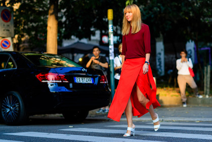 atmosphere details, bordeaux, burgundy, christina paik, fashion week, frenchystyle, full length, FW, horizontal, jonathan paciullo, leather bag, leather shoes, lisa aiken, MFW, MILAN, red skirt, red sweater, SPRING SUMMER 2017, SS 17, street style, sunglasses, white shoes