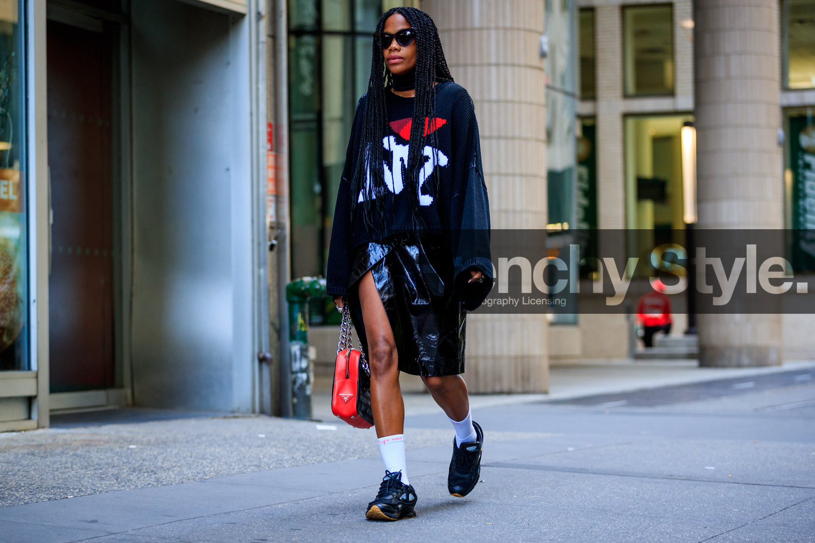 atmosphere details, black skirt, black sneakers, black sweater, braids, fashion week, frenchystyle, full length, FW, horizontal, jan-michael quammie, jonathan paciullo, leather bag, leather skirt, NEW YORK, NYFW, oversize, printed sweater, red bag, SPRING SUMMER 2018, SS 18, street style, sunglasses, supreme, vinyl, white socks