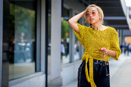 atmosphere details, black bag, black pants, detail, earrings, fashion week, frenchystyle, FW, horizontal, jonathan paciullo, Margaret Zhang, NEW YORK, NYFW, SPRING SUMMER 2018, SS 18, street style, sunglasses, trousers, velvet, yellow sweater