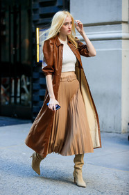 pleated skirt, long skirt, light beige skirt, white pullover, cropped pullover, brown leather coat, brown leather jacket, long jacket, short sleeves jacket, beige suede boots, high boots, high heels boots, fashion week, frenchystyle, FW, jonathan paciullo, street style, FALL WINTER 2020-2021, AUTUMN WINTER 2020-2021, FW 20-21, vertical, full length, NYFW, NEW YORK