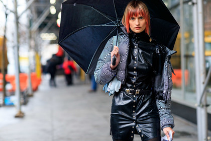 model, button dress, mini dress, black leather belt, black leather dress, black coat, white coat, geometrical printed coat, cowboy belt, down jacket, cropped coat, belted dress, fashion week, frenchystyle, FW, jonathan paciullo, street style, NYFW, NEW YORK, AUTUMN WINTER 2020-2021, FALL WINTER 2020-2021, FW 20-21, horizontal, atmosphere details, detail
