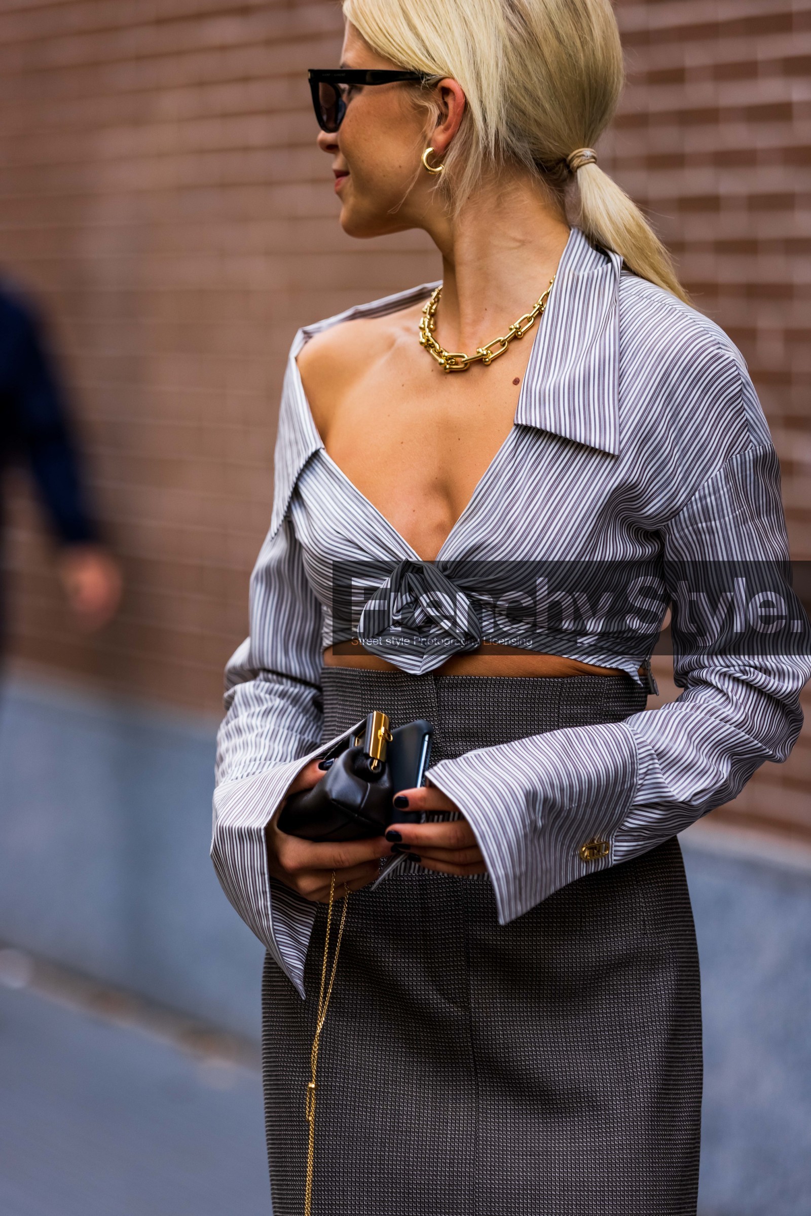 Caroline Daur, crop top, grey skirt, necklace, shirt, skirt, stripes shirt, sunglasses, fashion week, frenchystyle, FW, jonathan paciullo, street style, MFW, MILAN, SPRING SUMMER 2022, SS 22, vertical, atmosphere details, detail