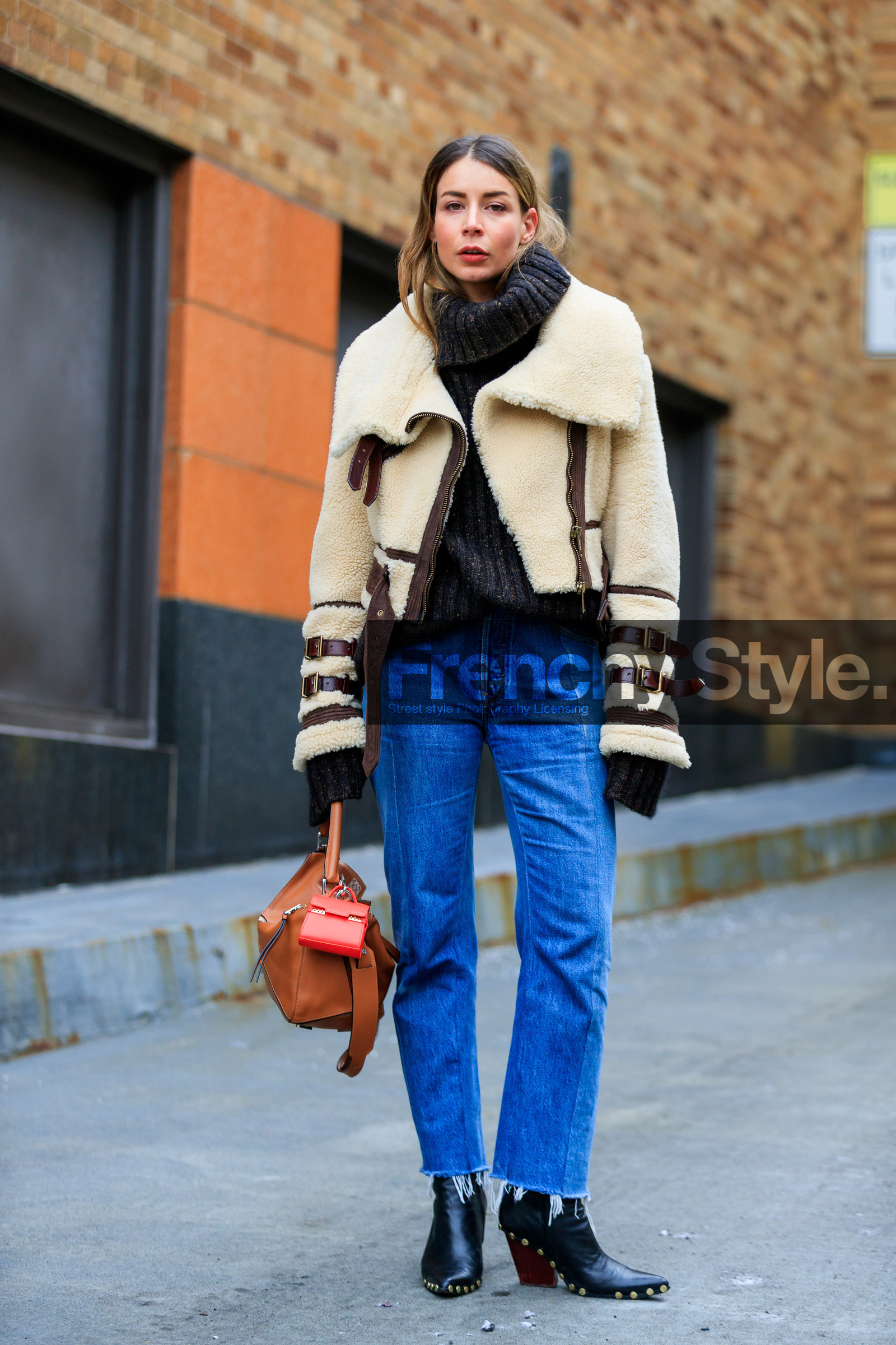 AUTUMN WINTER 2017-2018, AW 17-18, black boots, blue denim, brown bag, brown sweater, cowboy boots, denim pants, FALL WINTER 2017-2018, fashion week, frenchystyle, full length, FW, FW 17-18, high heels, irina lakicevic, jeans, jonathan paciullo, leather bag, leather boots, loewe, NEW YORK, NYFW, shearling, sheep fur, street style, studs, trousers, turtleneck sweater, vertical, vêtements, white fur