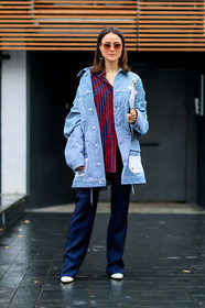 AUTUMN WINTER 2017-2018, AW 17-18, blue jacket, earrings, FALL WINTER 2017-2018, fashion week, frenchystyle, full length, FW, FW 17-18, jonathan paciullo, leather shoes, lena lademann, MFW, MILAN, navy pants, printed jacket, printed shirt, red shirt, street style, striped jacket, striped shirt, stripes, sunglasses, trousers, vertical, white boots, white clutch