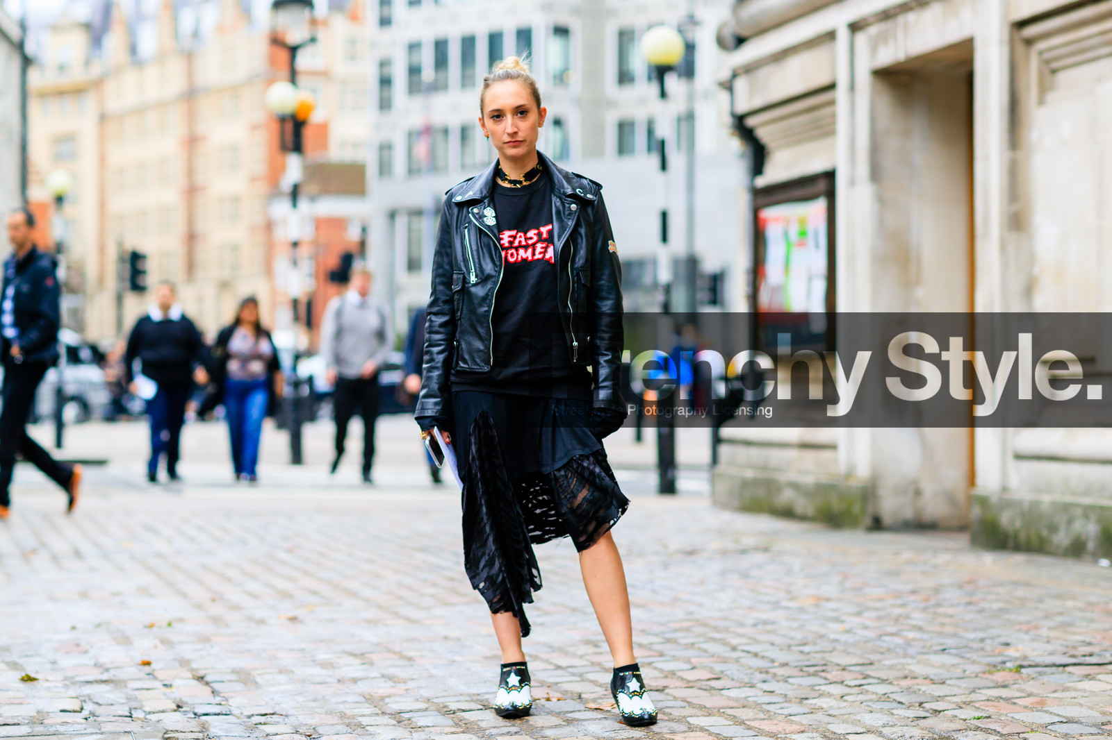 atmosphere details, black jacket, black perfecto, black shoes, black skirt, black sweater, choker, fashion week, frenchystyle, full length, FW, horizontal, jonathan paciullo, leather jacket, leather perfecto, leather shoes, LFW, LONDON, necklace, printed sweater, SPRING SUMMER 2017, SS 17, street style, woman