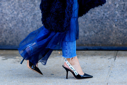 black and white shoes, black fur coat, black shoes, blue denim, blue dress, christian dior, denim pants, high heels, jeans, leather shoes, see through, silk dress, trousers, varnished leather shoes, street style, jonathan paciullo, FW, frenchystyle, fashion week, NYFW, NEW YORK, AUTUMN WINTER 2018-2019, AW 18-19, FALL WINTER 2018-2019, FW 18-19, atmosphere details, horizontal, detail