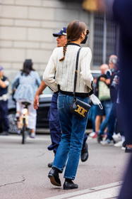 back, bag, bicolor cardigan, black bag, cardigan, denim, facial mask, jean, leather bag, round sunglasses, sunglasses, tods bag, white cardigan, wool cardigan, moccasins, black moccasins, loafers, leather loafers, fashion week, frenchystyle, FW, jonathan paciullo, street style, SPRING SUMMER 2022, SS 22, MFW, MILAN, vertical, full length