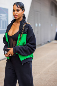 Sabrina Elba, bodysuit, sporty, sweatshirt, earrings, fashion week, frenchystyle, FW, jonathan paciullo, street style, SPRING SUMMER 2022, SS 22, LFW, LONDON, vertical, atmosphere details, detail