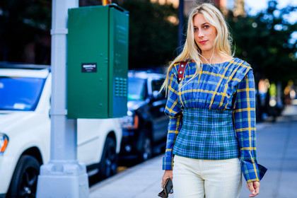atmosphere details, blue top, checked top, corduroy, detail, fashion week, frenchystyle, FW, graphic top, horizontal, jonathan paciullo, leather bag, NEW YORK, NYFW, plaid, printed top, SPRING SUMMER 2018, SS 18, street style, tartan, trousers, white pants