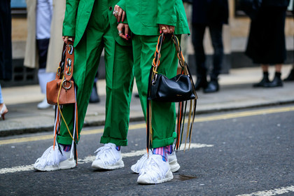Ami and Aya Suzuki, black bag, camel bag, fringes, green jacket, green pants, green suit, leather bag, leather shoes, ports 1961, trousers, white sneakers, street style, jonathan paciullo, FW, frenchystyle, fashion week, LFW, LONDON, AUTUMN WINTER 2019-2020, AW 19-20, FW 19-20, FALL WINTER 2019-2020, horizontal, atmosphere details, detail