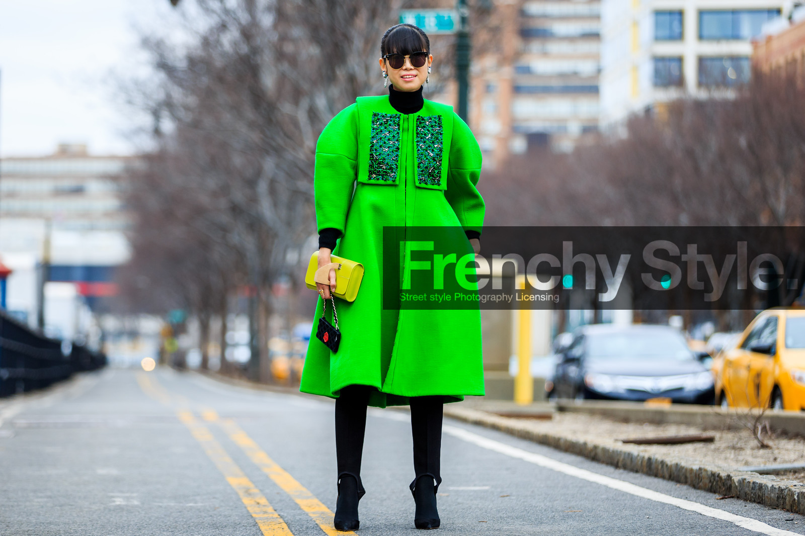 atmosphere details, AUTUMN WINTER 2016-2017, AW 16-17, black heels, black leggings, black pants, earrings, embroidered coat, embroideries, fashion week, frenchystyle, full length, FW, FW 16-17, glitter, golden heel, green coat, high heels, horizontal, iphone, jonathan paciullo, leaf greener, leather bag, NEW YORK, NYFW, sequined, shiny, stir pants, street style, studs, suede shoes, sunglasses, trousers, woman, yellow bag