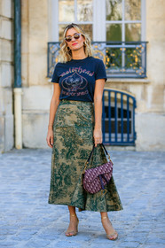 adenorah, black t shirt, christian dior, golden shoes, graphic bag, graphic skirt, green skirt, leather bag, leather shoes, monogram, printed bag, printed skirt, printed t shirt, red bag, saddle bag, sunglasses, fashion week, frenchystyle, FW, jonathan paciullo, street style, PFW, PARIS, AUTUMN WINTER 2019-2020, AW 19-20, FALL WINTER 2019-2020, FW 19-20, vertical, full length