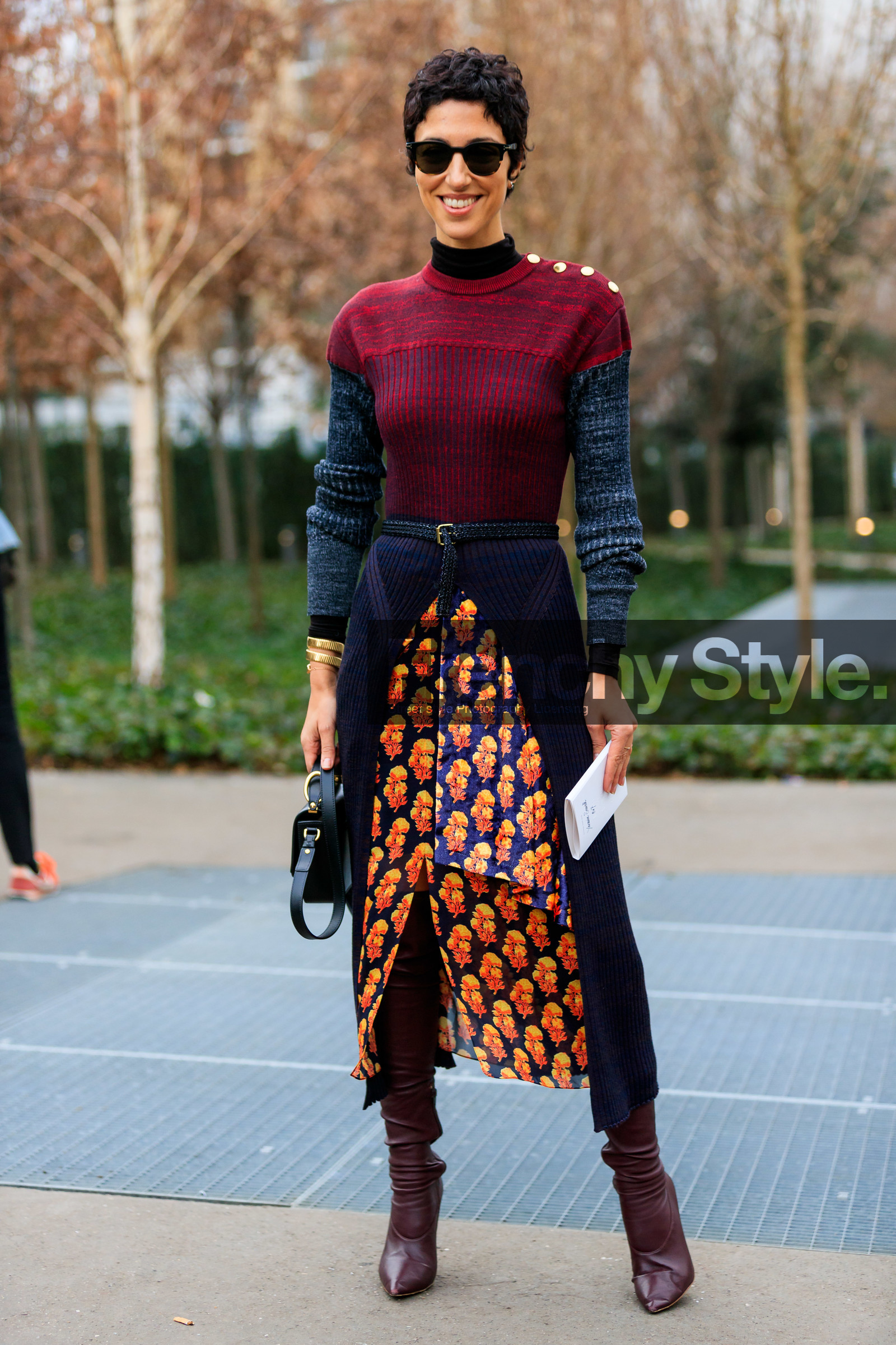 black bag, brown boots, chloé, floral, flowers, graphic skirt, grey sweater, high boots, leather bag, leather shoes, navy skirt, printed skirt, red sweater, sunglasses, velvet, yasmin sewell, PARIS, PFW, street style, jonathan paciullo, FW, frenchystyle, fashion week, AUTUMN WINTER 2019-2020, AW 19-20, FALL WINTER 2019-2020, FW 19-20, vertical, full length