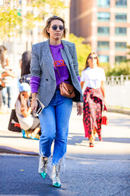 blazer, blue denim, chanel, checked jacket, denim pants, fashion week, frenchystyle, full length, FW, graphic jacket, grey boots, high heels, jeans, jonathan paciullo, leather bag, leather shoes, NEW YORK, NYFW, pink bag, plaid, printed jacket, purple sweater, SPRING SUMMER 2018, SS 18, street style, sunglasses, trousers, vertical