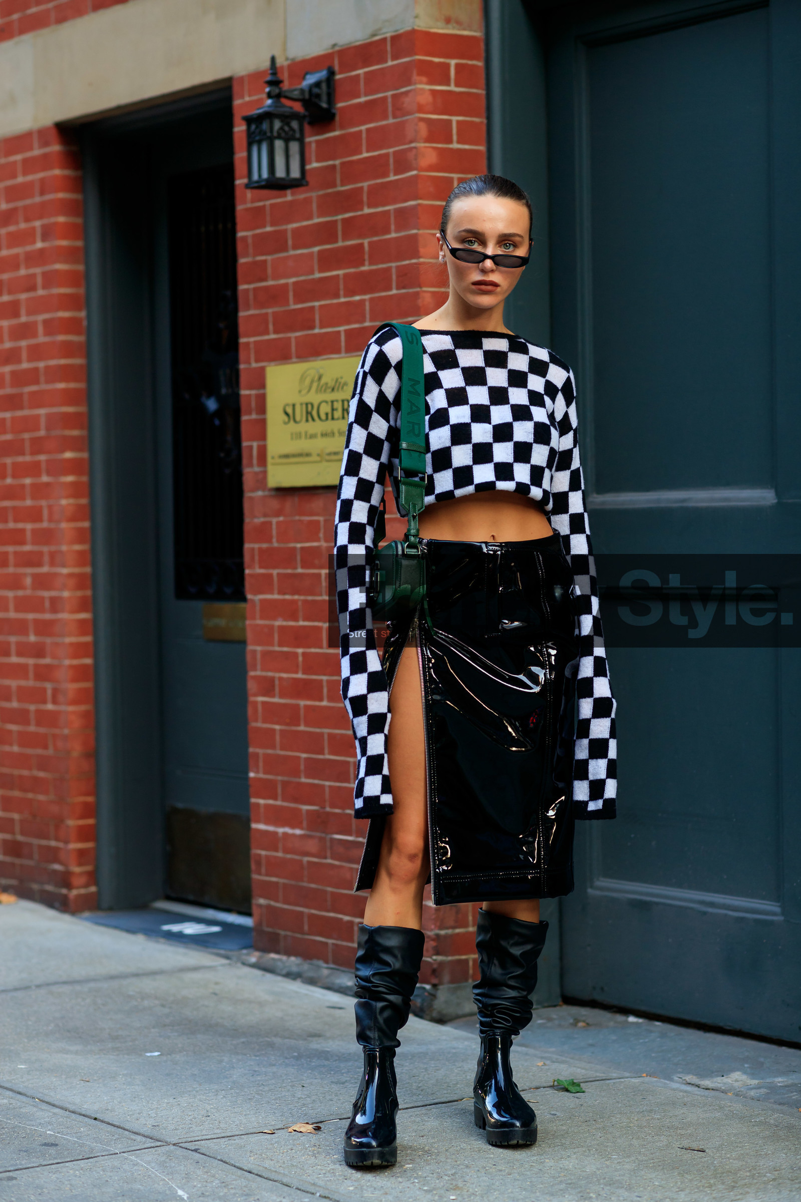 black shoes, checked, high waist, leather bag, leather shoes, mary leest, plaid, sunglasses, street style, jonathan paciullo, FW, frenchystyle, fashion week, NEW YORK, NYFW, SPRING SUMMER 2020, SS 20, vertical, full length