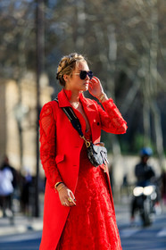 black bag, braids, graphic bag, leather bag, monogram, nina suess, printed bag, red coat, red dress, saddle bag, sunglasses, PARIS, PFW, street style, jonathan paciullo, FW, frenchystyle, fashion week, AUTUMN WINTER 2019-2020, AW 19-20, FALL WINTER 2019-2020, FW 19-20, vertical, atmosphere details, detail
