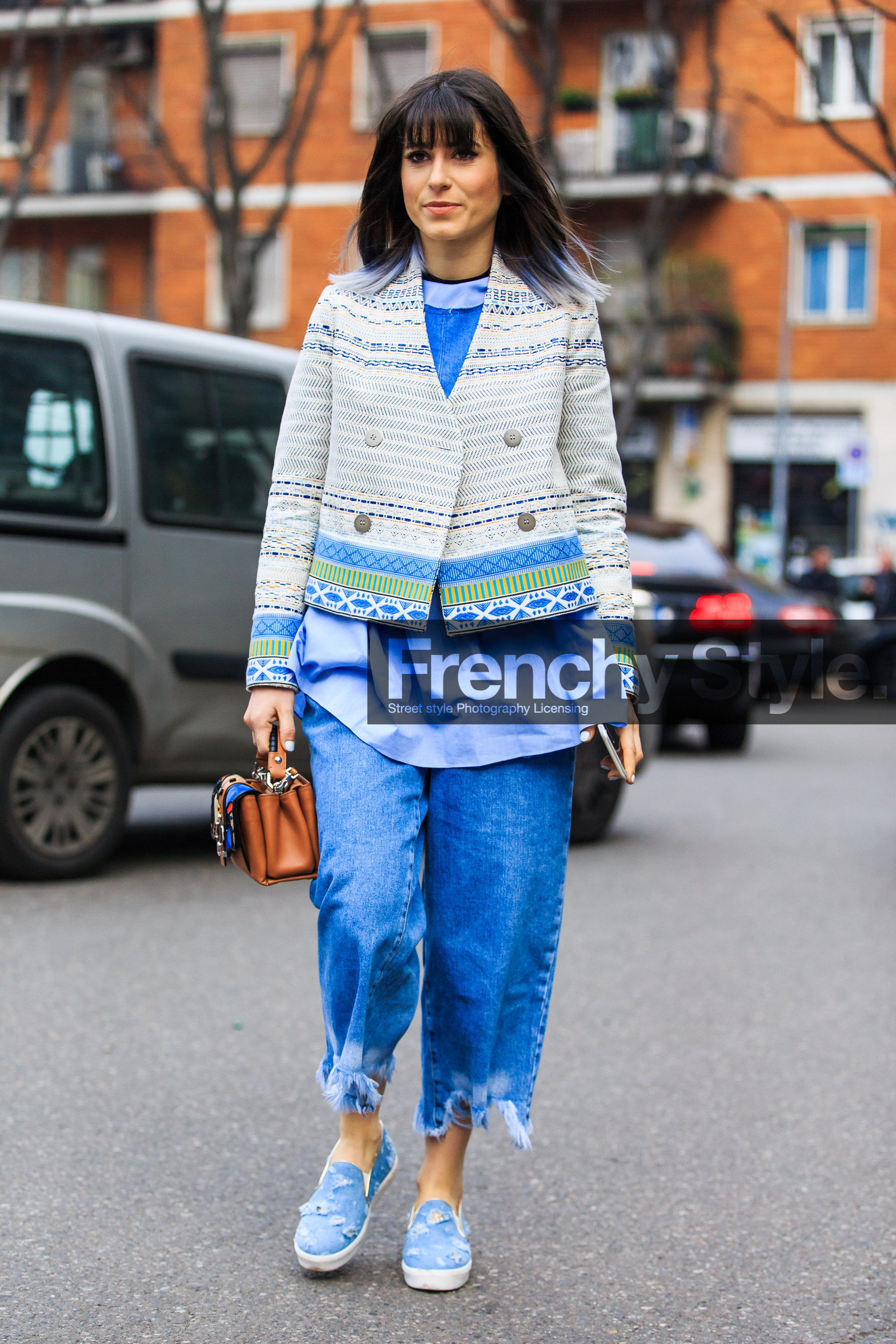 AUTUMN WINTER 2016-2017, AW 16-17, blue denim, blue shirt, blue slippers, brown bag, denim pants, denim shoes, dyed hair, embroidered jacket, FALL WINTER 2016-2017, fashion week, frenchystyle, full length, FW, FW 16-17, jeans, jonathan paciullo, leather bag, LFW, LONDON, MENSWEAR, mini bag, street style, trousers, vertical, white jacket