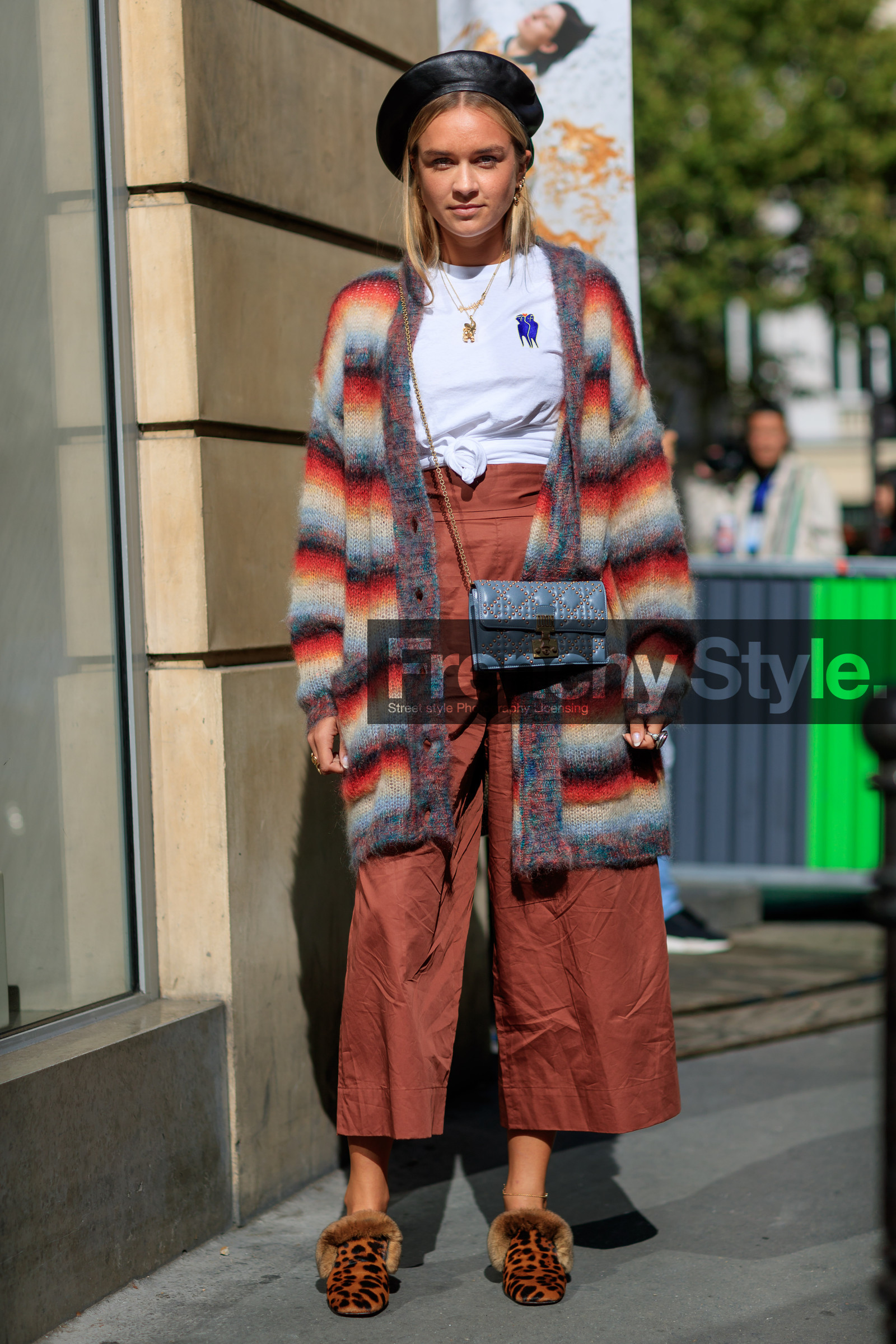 animal print, beret, black hat, brown pants, brown shoes, cardigan, christian dior, fashion week, frenchystyle, full length, fur shoes, FW, graphic bag, graphic sweater, grey bag, high waist, jonathan paciullo, leather bag, leather shoes, leopard print, PARIS, PFW, printed bag, SPRING SUMMER 2018, SS 18, street style, striped sweater, trousers, vertical, white t shirt, nina suess