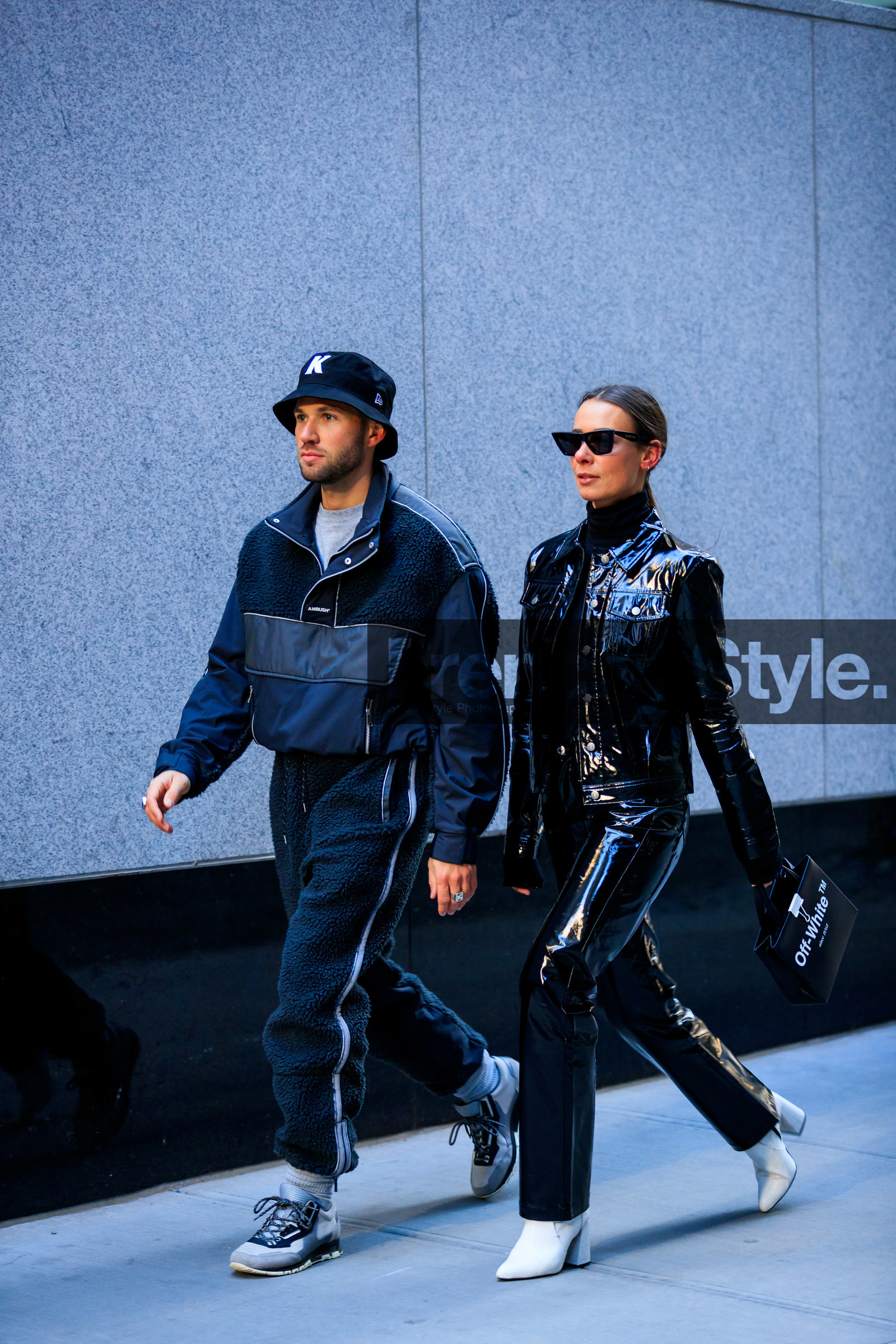 alice & j.s, black bag, black jacket, black pants, graphic bag, high heels, leather bag, leather jacket, leather pants, leather shoes, off white, printed bag, sunglasses, tone on tone, total look black, trousers, white boots, alice & j.s, ambush, black hat, black jacket, black pants, grey sneakers, koché, leather shoes, sweatpants, tone on tone, total look black, trousers, street style, jonathan paciullo, frenchystyle, NYFW, NEW YORK, AUTUMN WINTER 2019-2020, AW 19-20, FALL WINTER 2019-2020, FW 19-20, fashion week, FW, vertical, full length