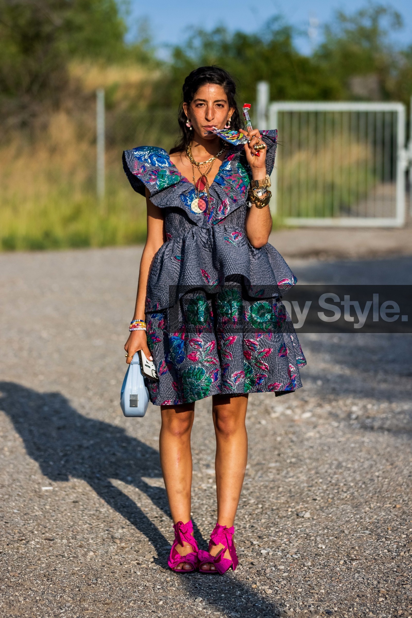 bag, blue bag, bracelet, chain necklace, color, dress, earrgings, embroidered dress, embroidery, floral dress, floral print, flower, flower print, fluo pink sandals, fushia sandals, gold bracelet, gold necklace, grey dress, hoops, lace up sandals, leather bag, multicolor, necklace, oversized shoulder, pink sandals, print, printed dress, ring, ruffles, sandals, fashion week, frenchystyle, FW, jonathan paciullo, street style, CPHFW, COPENHAGEN, SS 22, SPRING SUMMER 2022, vertical, full length