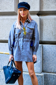 atmosphere details, black bag, blue cap, corduroy, detail, fashion week, frenchystyle, FW, graphic dress, jonathan paciullo, julia kuczynska, leather bag, NEW YORK, NYFW, printed dress, SPRING SUMMER 2018, SS 18, street style, striped dress, vertical