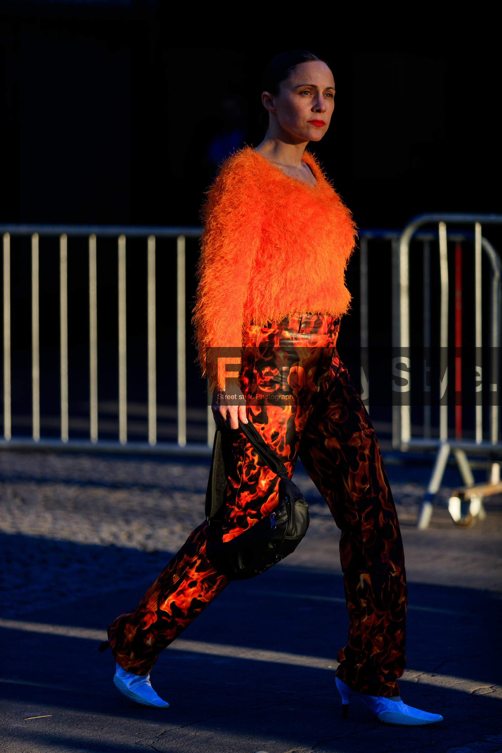 black bag, graphic pants, leather bag, leather shoes, marine serre, orange sweater, printed pants, red pants, trousers, white shoes, PARIS, PFW, street style, jonathan paciullo, FW, frenchystyle, fashion week, AUTUMN WINTER 2019-2020, AW 19-20, FALL WINTER 2019-2020, FW 19-20, vertical, full length