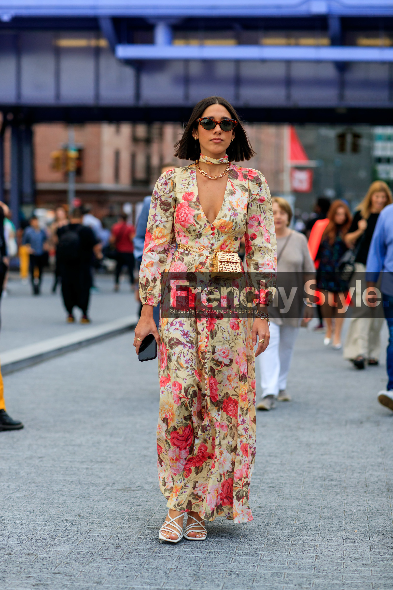 bracelet, fanny pack, floral, flowers, gold bag, graphic dress, iphone, leather bag, leather shoes, mini bag, multicolor dress, necklace, pink dress, printed dress, rings, sunglasses, white shoes, street style, jonathan paciullo, FW, frenchystyle, fashion week, NEW YORK, NYFW, SPRING SUMMER 2020, SS 20, vertical, full length