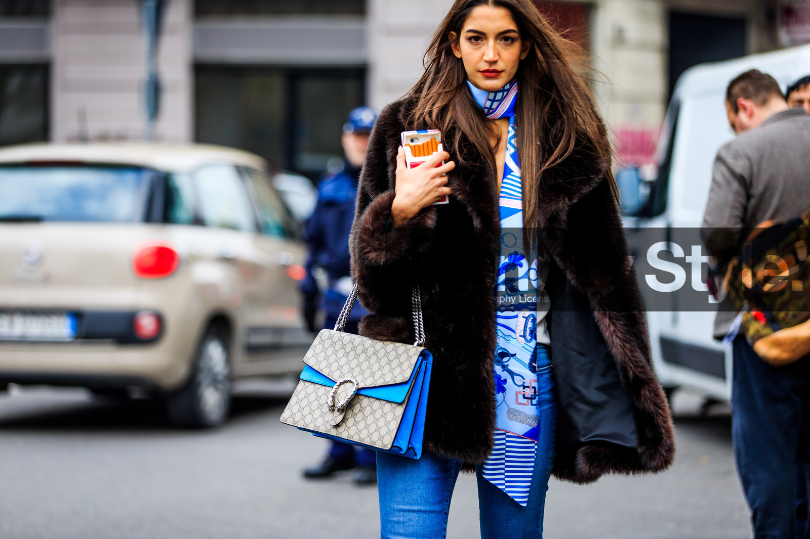 atmosphere details, AUTUMN WINTER 2016-2017, AW 16-17, beige bag, blue denim, blue scarf, brown fur, brown jacket, denim pants, detail, embroidered bag, FALL WINTER 2016-2017, fashion week, frenchystyle, fur jacket, FW, FW 16-17, gucci, horizontal, jeans, jonathan paciullo, LFW, LONDON, long hair, MENSWEAR, monogram, printed bag, Sara Nicole Rossetto, street style, trousers