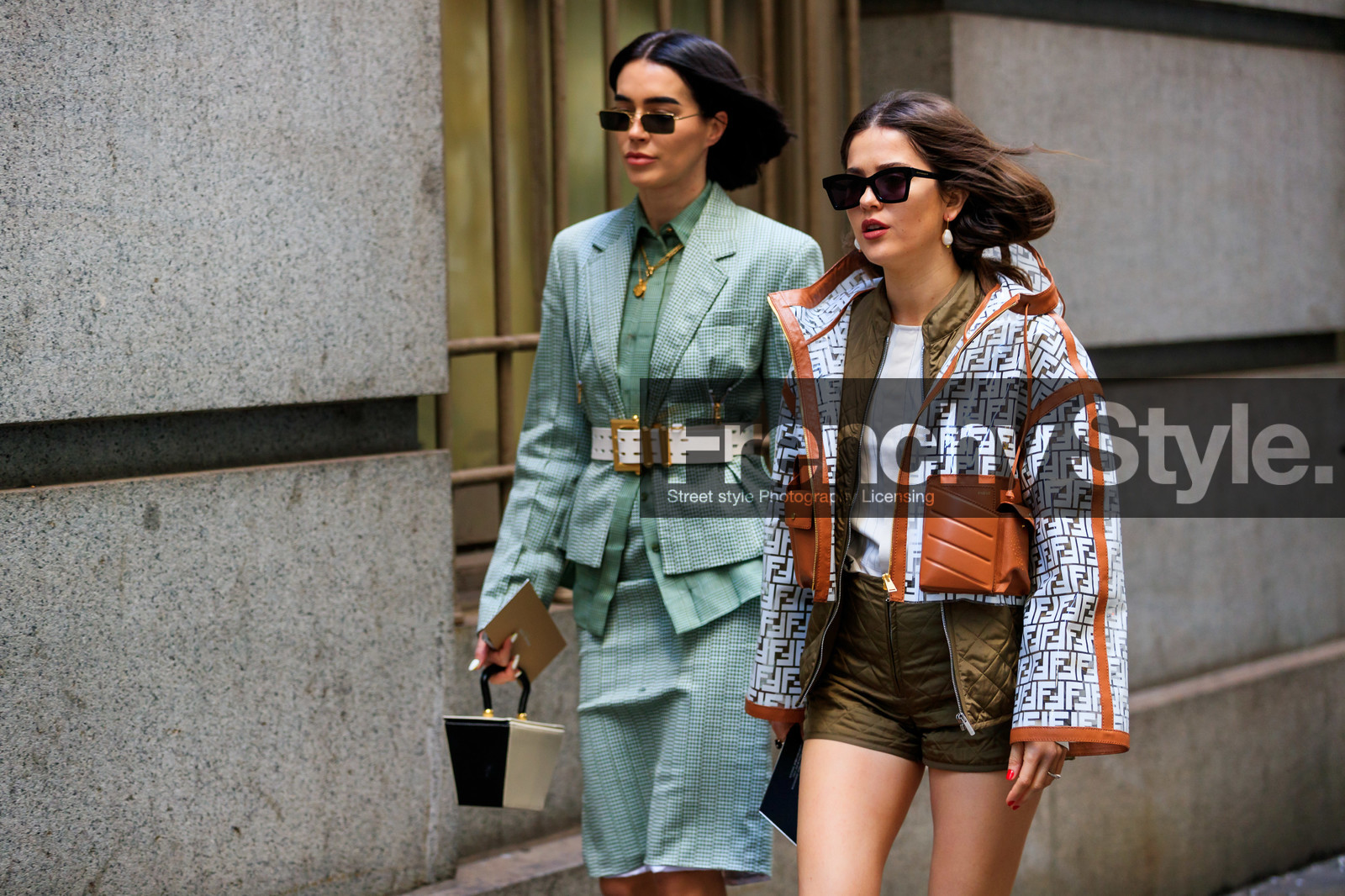 beige bag, brittany xavier, brown jacket, brown shorts, earrings, fendi, graphic jacket, green jacket, green shirt, green skirt, hood, leather bag, leather belt, monogram, necklace, printed jacket, sunglasses, white belt, white jacket, street style, jonathan paciullo, frenchystyle, NYFW, NEW YORK, AUTUMN WINTER 2019-2020, AW 19-20, FALL WINTER 2019-2020, FW 19-20, FW, fashion week, atmosphere details, horizontal, detail