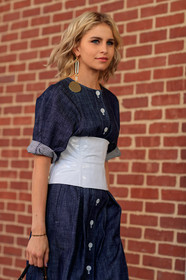 atmosphere details, blue denim, caro daur, corset, denim dress, detail, earrings, fashion week, frenchystyle, FW, jonathan paciullo, NEW YORK, NYFW, SPRING SUMMER 2018, SS 18, street style, vertical