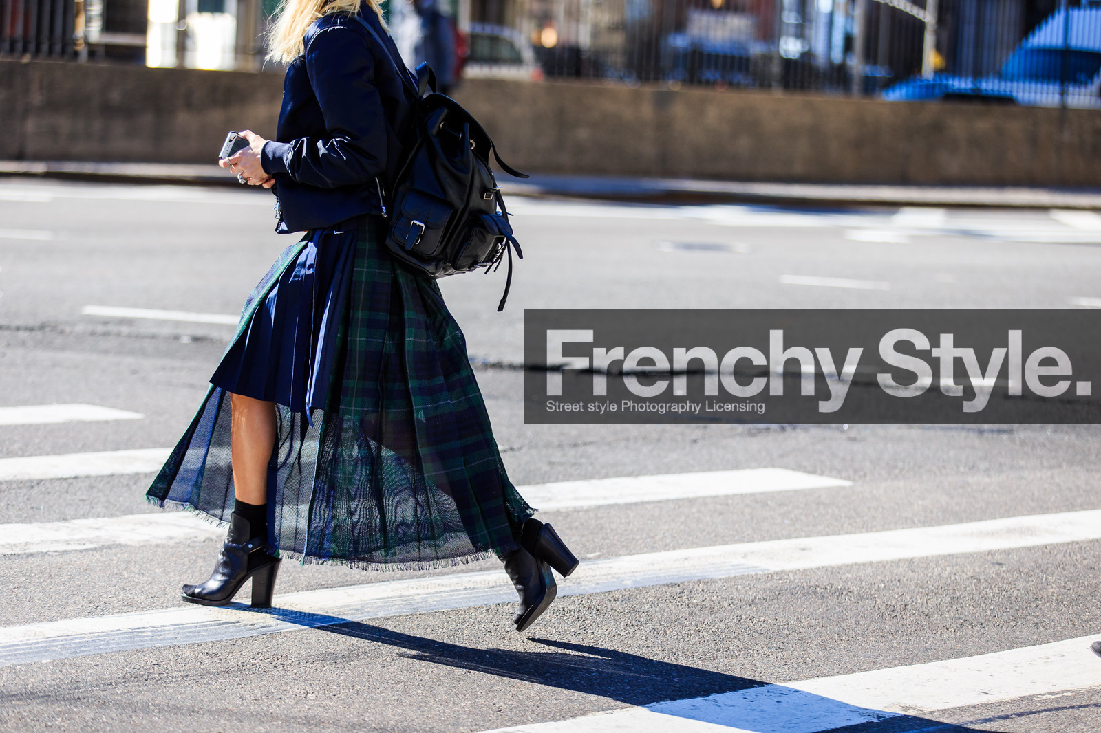 atmosphere details, AUTUMN WINTER 2016-2017, AW 16-17, backpack, black bag, black boots, blue jacket, blue scarf, blue skirt, bomber jacket, checked skirt, detail, fashion week, frenchystyle, FW, FW 16-17, graphic skirt, high heels, horizontal, jonathan paciullo, leather backpack, leather boots, NEW YORK, NYFW, pleated skirt, street style, striped skirt, sunglasses, tartan, woman