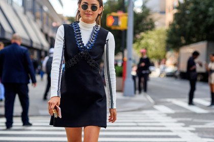 atmosphere details, bambi northwood blyth, black dress, detail, fashion week, frenchystyle, FW, graphic dress, horizontal, jonathan paciullo, model, NEW YORK, NYFW, SPRING SUMMER 2018, SS 18, street style, sunglasses, white sweater