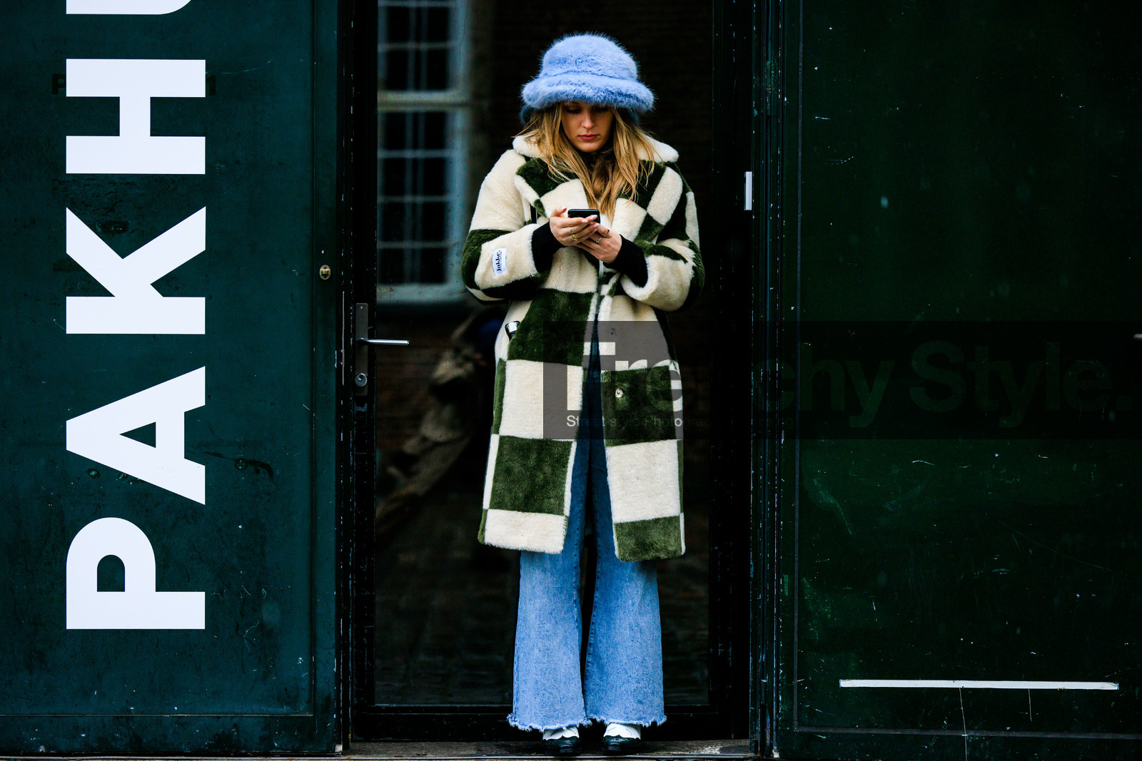 pastel blue hat, furry hat, furry coat, checkered coat, green coat, white coat, dual toned coat, jeans, black boots, fashion week, frenchystyle, FW, jonathan paciullo, street style, CPH, COPENHAGEN, AUTUMN WINTER 2022-2023, FALL WINTER 2022-2023, FW 22-23, horizontal, atmosphere details, full length
