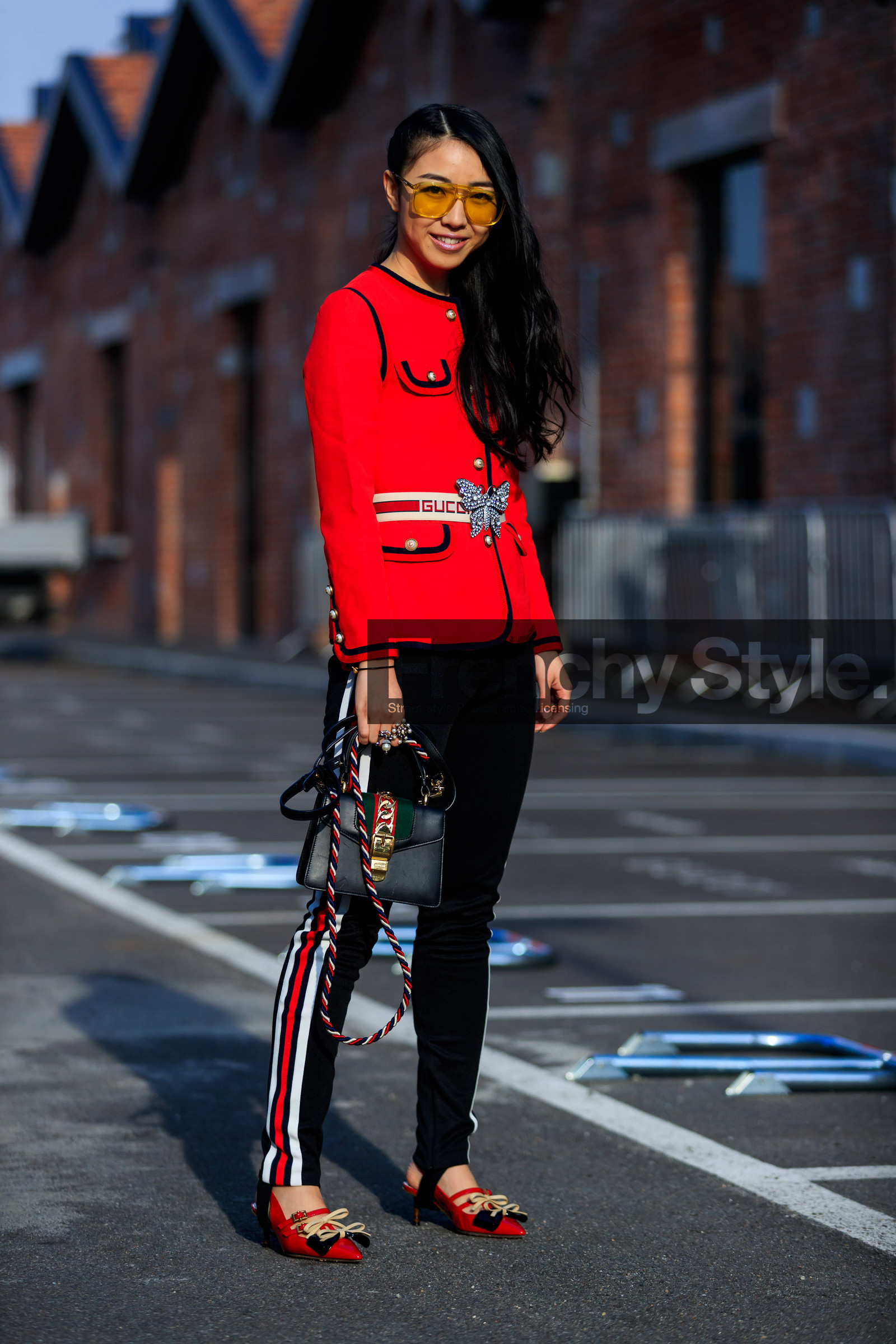 black bag, black pants, blazer, glitter, graphic bag, graphic pants, gucci, high heels, leather bag, leather shoes, printed bag, printed pants, red jacket, red shoes, stripes, sunglasses, trousers, varnished leather shoes, white belt, fashion week, frenchystyle, FW, jonathan paciullo, street style, MFW, MILAN, AUTUMN WINTER 2018-2019, FALL WINTER 2018-2019, FW 18-19, vertical, full length, yuwei zhangzou
