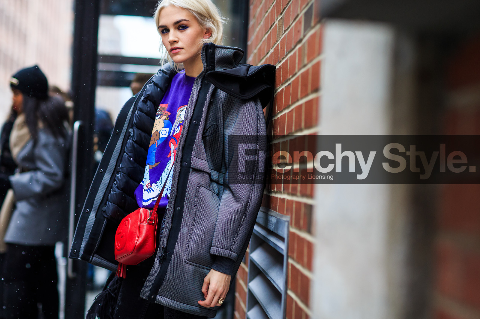 anastasia eremenko, atmosphere details, AUTUMN WINTER 2016-2017, AW 16-17, cartoon, detail, fashion week, frenchystyle, FW, FW 16-17, grey, grey coat, grey jacket, gucci, horizontal, jonathan paciullo, leather bag, model, NEW YORK, NYFW, printed sweater, purple, purple sweater, red, red bag, sportswear, street style, streetwear, woman