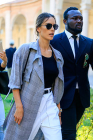 alessandra ambrosio, atmosphere details, black top, checked jacket, detail, fashion week, frenchystyle, FW, graphic jacket, grey coat, jonathan paciullo, MFW, MILAN, model, plaid, printed jacket, SPRING SUMMER 2018, SS 18, street style, sunglasses, trousers, vertical, white pants