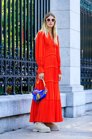 beige sneakers, blue bag, christian dior, fashion week, frenchystyle, full length, FW, graphic bag, jonathan paciullo, leather bag, long dress, NEW YORK, NYFW, printed bag, red dress, SPRING SUMMER 2018, SS 18, street style, sunglasses, veronika heilbrunner, vertical