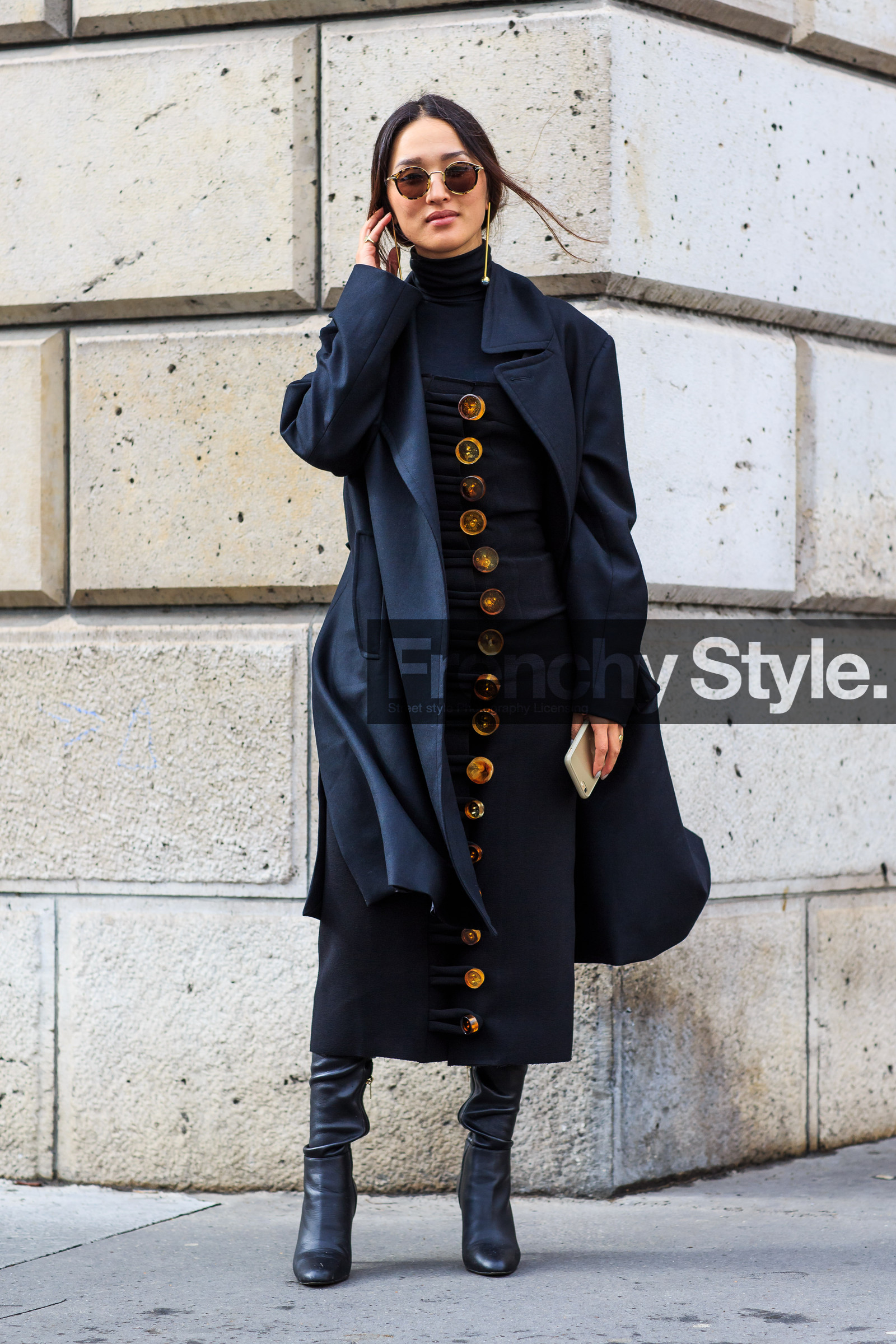 AUTUMN WINTER 2016-2017, AW 16-17, black boots, black coat, black dress, earrings, FALL WINTER 2016-2017, fashion week, frenchystyle, full length, FW, FW 16-17, high boots, high heels, jonathan paciullo, leather boots, nicole warne, overcoat, PARIS, PFW, street style, vertical