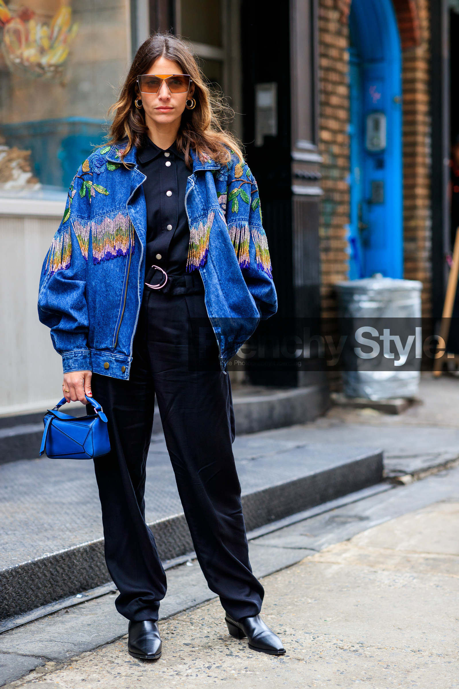 black pants, black shoes, blue bag, blue denim, denim jacket, embroidered jacket, fringes, graphic jacket, high heels, jen wonders, leather bag, leather shoes, loewe, pearls, printed jacket, sunglasses, trousers, street style, jonathan paciullo, frenchystyle, NYFW, NEW YORK, AUTUMN WINTER 2019-2020, AW 19-20, FALL WINTER 2019-2020, FW 19-20, fashion week, FW, vertical, full length